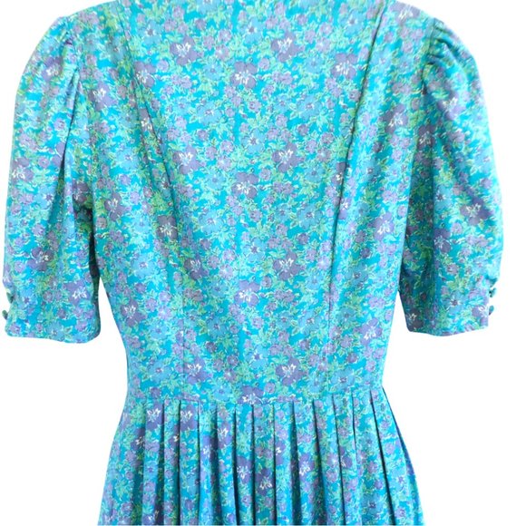 Laura Ashley Vintage Midi Blue Purple Floral Pleated Full Skirt Puff Sleeve Zip - Picture 4 of 11